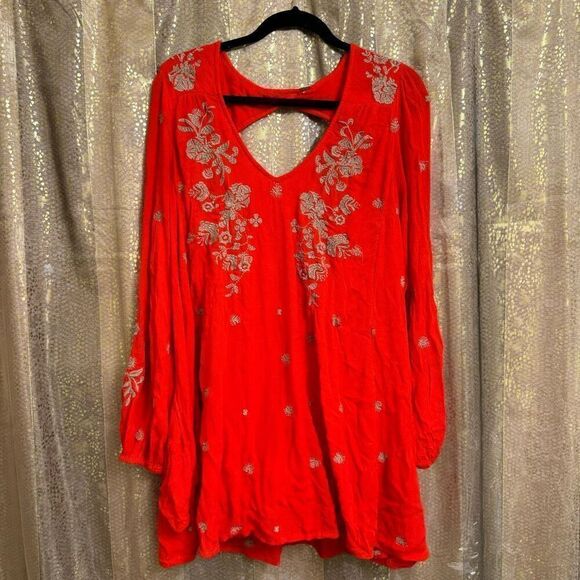 Free People Sweet Tennessee Red Tan Embroidered Long Sleeve Dress - Picture 2 of 9